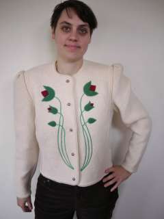 Vintage 1980s BOILED WOOL Floral Embroidered WOMENS Sweater JACKET 