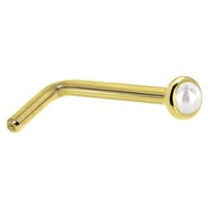   Yellow Gold 2mm Akoya Pearl L Shaped Nose Ring   18 Gauge Jewelry