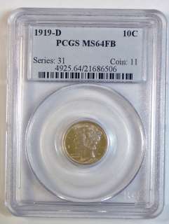 1919 D MERCURY DIME PCGS MS64 FULL BANDS, SUPER GEM  