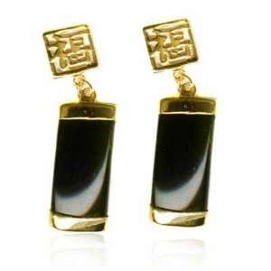   Gold over Sterling Silver Onyx Chinese Motif Dangle Earrings: Jewelry