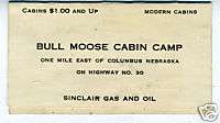 1940s Adv Card Bull Moose Cabin Camp Columbus Nebraska  