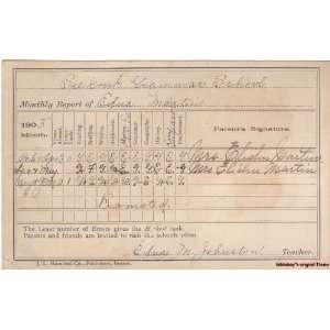  1905 Student Report Card Seekonk,Mass. Grammer School 