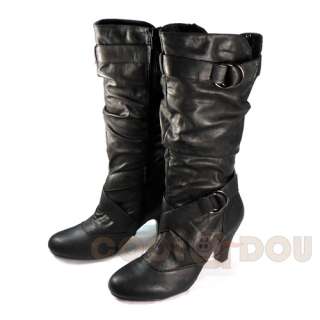   Leather Scrunch Slouch Fold Over Mid Calf High Heel Boots All Size