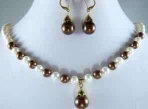 Brown Shell White Pearl Jewelry Necklace Earring Set  