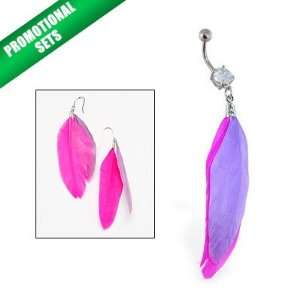  Real Feather Belly Ring & Earrings with Pink and Purple 