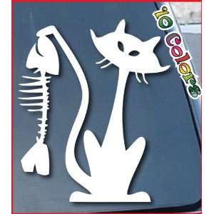  Cat and Fish Car Window Decal Sticker 11 Tall White 