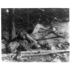Stalag Tekla,near Leipzig,Germany,dead body under barb wire fence 