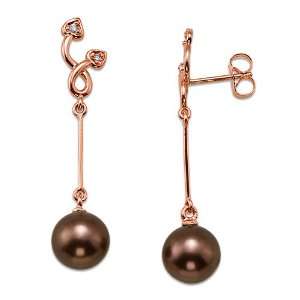 Chocolate Tahitian Pearl Earrings with Diamonds in 14K Rose Gold (8 