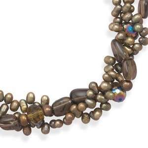 Chocolate Olive Pearl Three Strand Torsade Necklace with Crystal and 