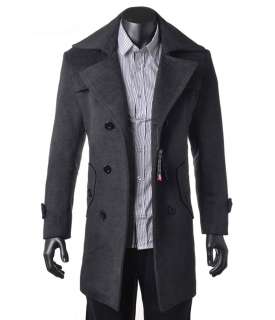 Men Wool Coat Winter Trench Coat Outear Overcoat Long Jacket Black 