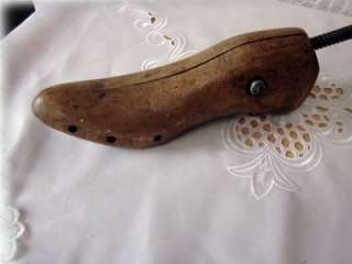 ANTIQUE COBBLERS WOOD SHOE MOLD WITH CAST IRON HANDLE
