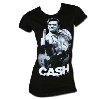 Johnny Cash Finger Flipping Black Juniors Graphic Tee Shirt  