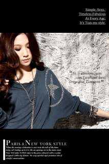 New Korea Womens Casual Blue Hot Drilling Cowl Collar Cotton T Shirt