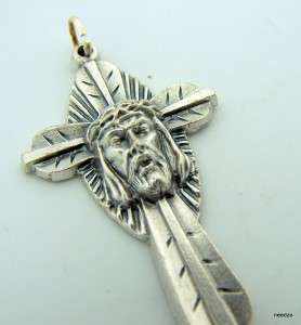 Jesus Head W Crown Of Thorns Cross Crucifix Silver Plate Made In Italy 