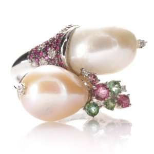    14k White Gold Pearl Pink Green Sapphire Diamond Ring: Jewelry
