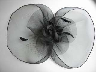   Ballroom Party Black Satin Rose Organza Feather Hair Head Piece Hat