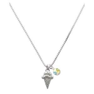 Silver Ice Cream Cone Charm Necklace with AB Swarovski Crystal Drop 