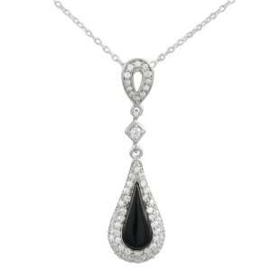  Sterling Silver Black Onyx Tear Drop CZ Necklace Jewelry