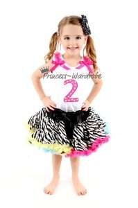 Rainbows Zebra Pettiskirt Tutu White Top in 2nd Hot Pink Dot Birthday 