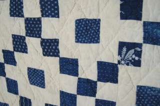   Indigo Blue & White Nine Patch Hand Stitched Antique Quilt  