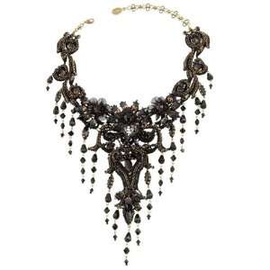 Michal Negrin Rich Lace Black Necklace with Tear Drops, Marquise Shape 