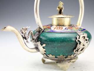 China Handwork Old Silver Jade Dragon Teapot Monkey Lid 112023  