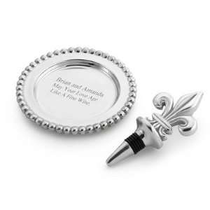 Personalized Mariposa Fleur De Lis Wine Stopper And Beaded Plate Gift