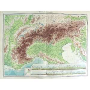  HARMSWORTH PHYSICAL MAP ALPS 1906 MOUNTAINS GENEVA