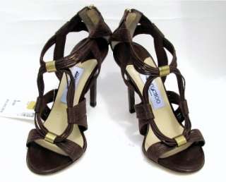 NWT JIMMY CHOO BROWN LEATHER STRAPPY ZIP BACK HEELS SZ 9 /39 RETAIL $ 
