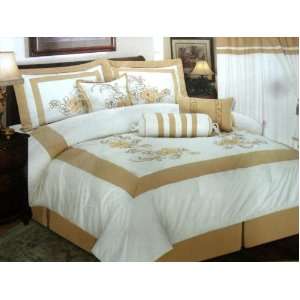  7pc Queen 100% Cotton Beige and Gold Comforter Set Spread 