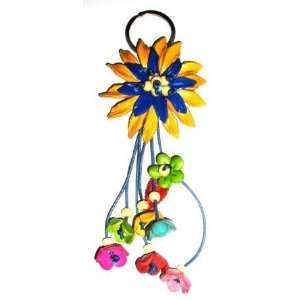    Tribe leather yellow & blue flower handbag charm / key fob Jewelry