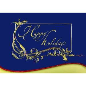 Gold Foil Holly with Red Berries Holiday Cards