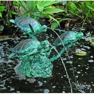   Bronze Three Sea Turtles Swim Coral Garden Fountain
