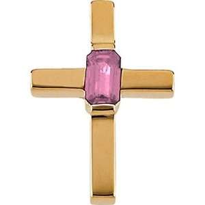  14K Yellow Gold Pink Tourmaline Cross Pendant: Jewelry