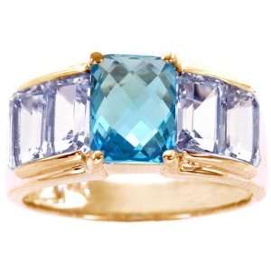 14K Yellow Gold Octagon Gemstone Ring Multi Swiss Blue Topaz/Briolette 