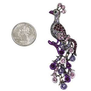  Silvertone Purple Crystal Peacock Brooch Pin: Jewelry