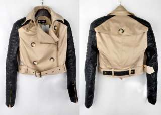   Leather Sleeves Women Trench Coat Jacket Long Short Jacket Khaki