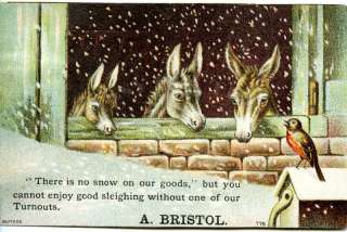 Antique Victorian Ad Card Donkeys With Bird Snow Winter  