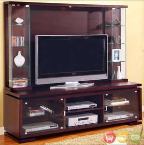 Flat Panel TV Stand Wall Unit Console Dark Wood & Glass  