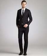 Gucci black wool two button suit with flat front pants style 