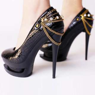   Fashion Fancy Platforms&Wedges Pump High Heel Shoes W/Cool Chain Black