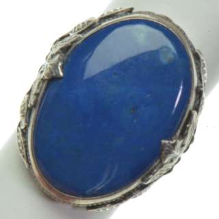   Sterling Silver   Antique Leafy Oval Blue Stone   Ring (7.5) XG198
