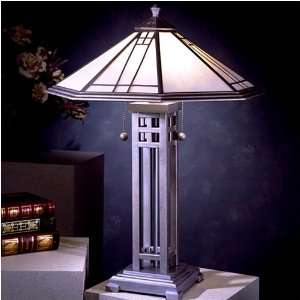  White Leaded Glass and Silver Washed Mission Styled Table Lamp 