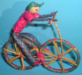 Vintage Mexican Woven Straw Palm Bicycle Rider Figure   Mexico  