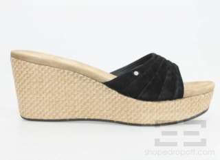 Ugg Australia Black Pleated Suede & Tan Woven Wedge Sandals Size 8.5 