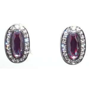Iridescent Purple Glass & Crystal Oval Clip Earrings