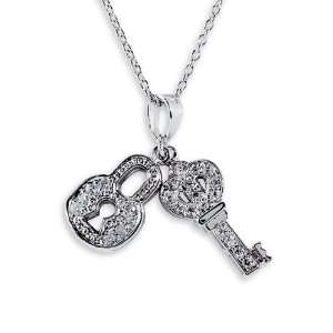    925 Sterling Silver CZ Lock Key Pendant Charm Necklace: Jewelry