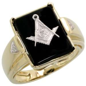  10k Gold Rectangular Mens Masonic Ring, w/ Brilliant Cut 