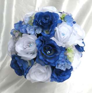   Bouquet Bridal Silk flowers ROYAL WHITE PERIWINKLE BLUE17pc package