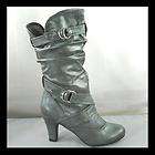 NEW GRAY BELTED SLOUCH CHUNKY HIGH HEEL BOOTS